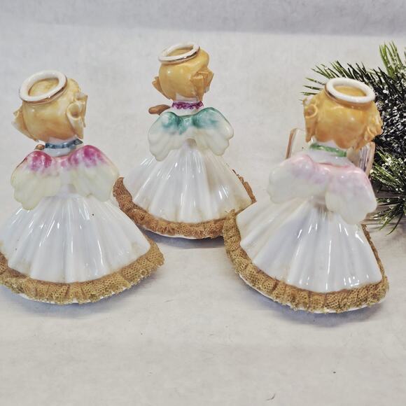 3 Vintage Christmas Angels Figurines Instruments Ucagco Japan Netting Trim - Picture 13 of 13